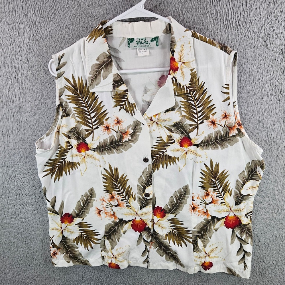 Two Palms Womens XL Tropical Floral Rayon Sleeveless‎ Button Down Shirt Hawaii